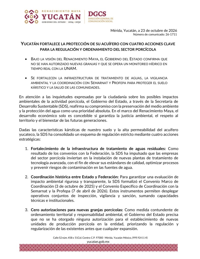 Yucatán fortalece la protección de su acuífero con cuatro acciones clave para la regulación y ordenamiento del sector porcícola