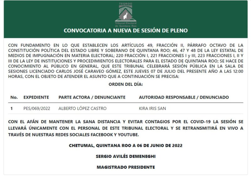 AvisoComplementario | El Tribunal Electoral de Quintana Roo atenderá un asunto más en la Sesión de Pleno convocada para el 07 de julio de 2022 a las 12:00 horas, la cual podrás visualizar en #vivo a través de nuestro Face Live y Canal de YouTube.