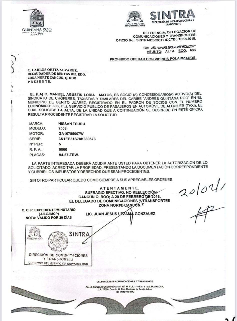 DENUNCIA SINDICATO “ANDRÉS QUINTANA ROO” A “TAXI CLONADO HYUNDAI NO. 693”