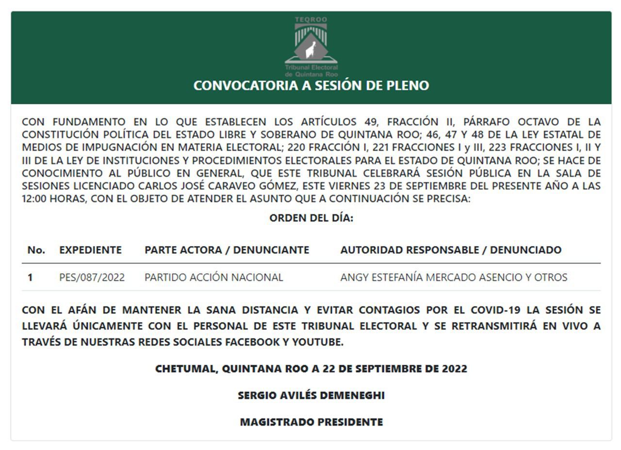 El Tribunal Electoral de Quintana Roo te invita a la Sesión de Pleno convocada para el 23 de septiembre de 2022 a las 12:00 horas, la cual podrás visualizar en #vivo a través de nuestro Face Live y Canal de YouTube.