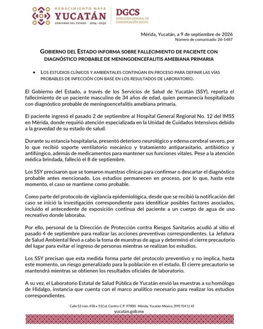 Gobierno estatal informa fallecimiento de paciente con probable infección amebiana