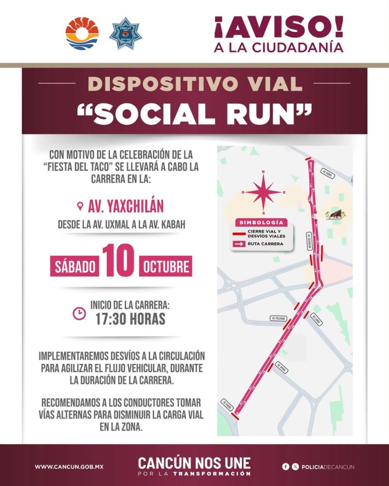 Archivo: aviso vial del 10 de octubre por Taco Social Run en la avenida Yaxchilán