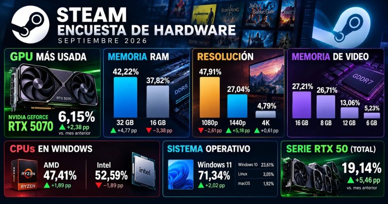 RTX 5070 lidera Steam y 32 GB de RAM dominan