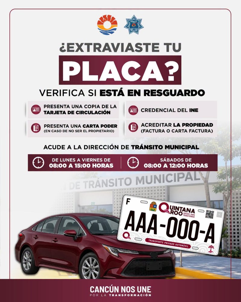 Tránsito de Cancún informa requisitos para recuperar placas bajo resguardo
